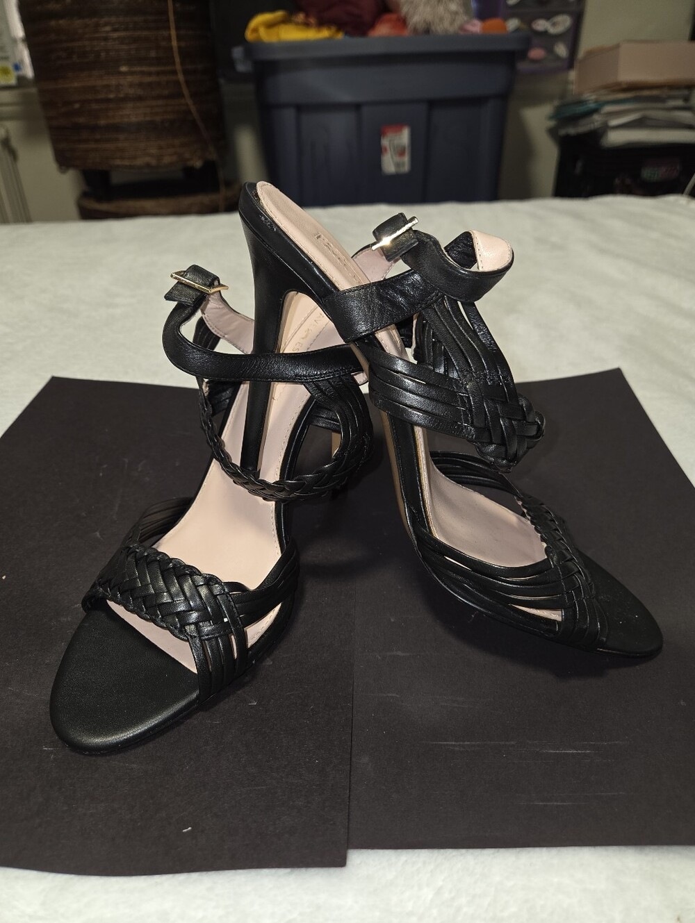 Black Braided Strap High Heel Sandals - Women